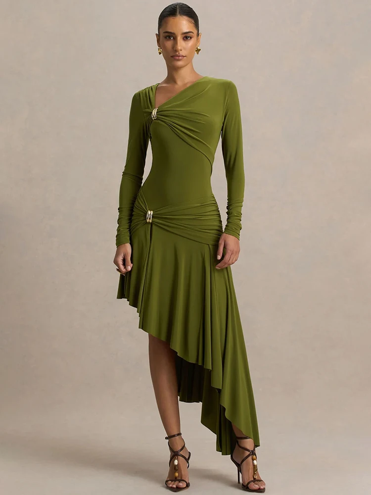 

Mozision Irregular Long Sleeve Sexy Maxi Dress Women Gown Elegant Diagonal Collar Split Ruffle Ruched Club Party Long Dresses