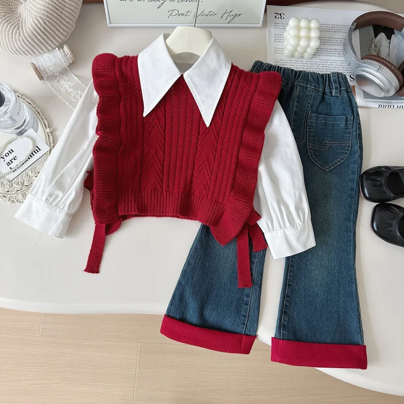 

2025Girls Spring Autumn Spring New Korean Style Woolen Vest Shirt Jeans Three-piece Set