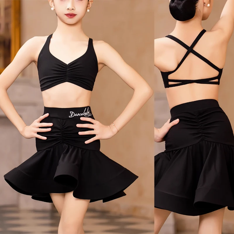 Criança vestido de dança latina terno traje para meninas preto sem costas superior balanço saia dança samba rumba treinamento desempenho dancewear