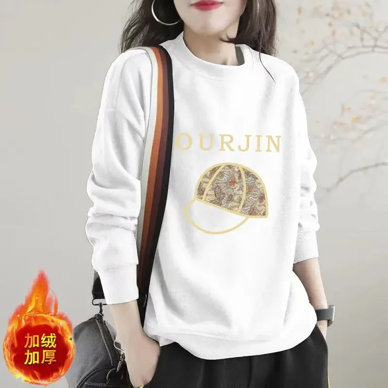 LISM women's winter clothes y2k hoodies sweatshirt 2025 Print Fleece Thick Casual O Neck Long Sleeve Loose Pullover Hoodies