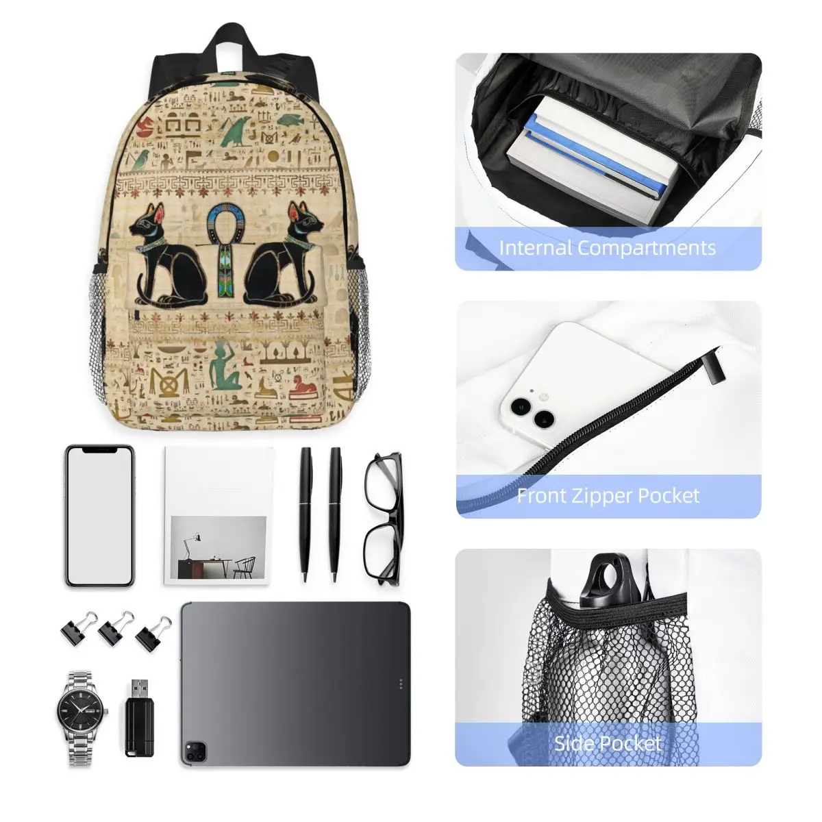 Egyptian Cats And Ankh Cross Backpack Hot Sale Daypack Large Capacity Boys Girls BookBag Shoulder Bags for Men Women School Bag