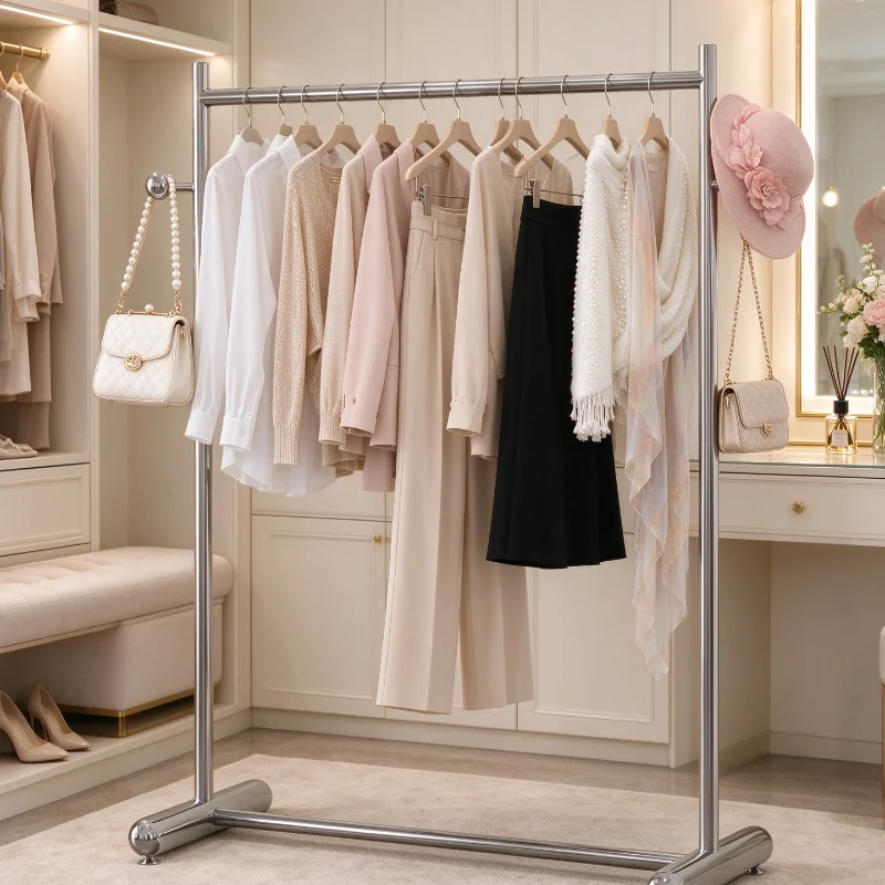 silver Tone Metal Clothing Rack with Side Arms Elegant Garment Display Stand for High End Retail Clothing Boutique