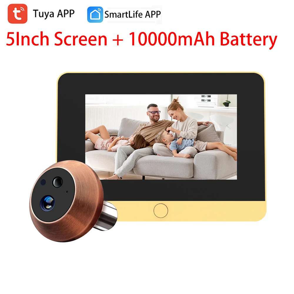 5Inch Screen 10000mAh Battery Tuya Smart 2MP 140° View Angle Mini Peephole Eye Viewer WiFi 940NM IR PIR Detection Door Camera