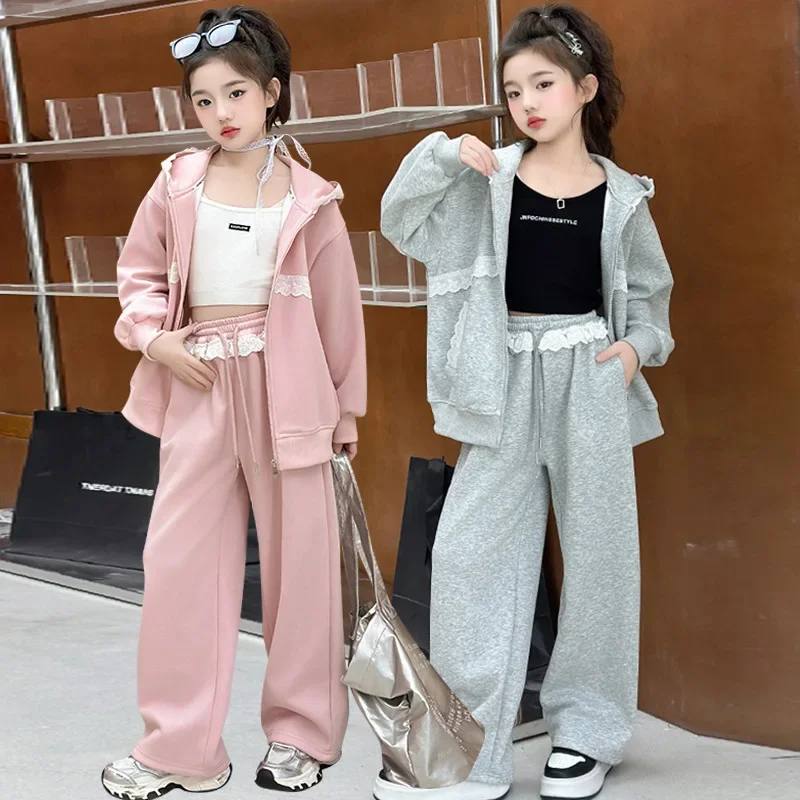 

Детские осенние комплекты для девочек, кружевной лоскутный комплект из двух предметов для маленьких девочек, пальто с капюшоном и длинными рукавами + спортивные штаны на шнурке, детский комплект для девочек