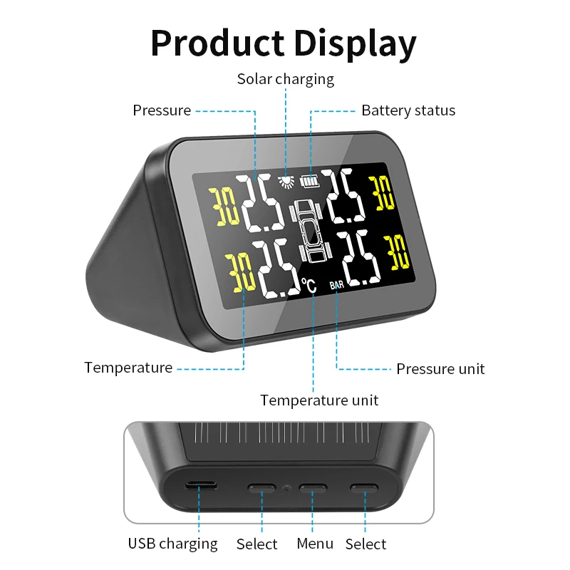 JMCQ Solar TPMS Car Tire Pressure Monitoring System Big Color Screen Intelligent Temperature Warning Fuel Save 4 Sensors