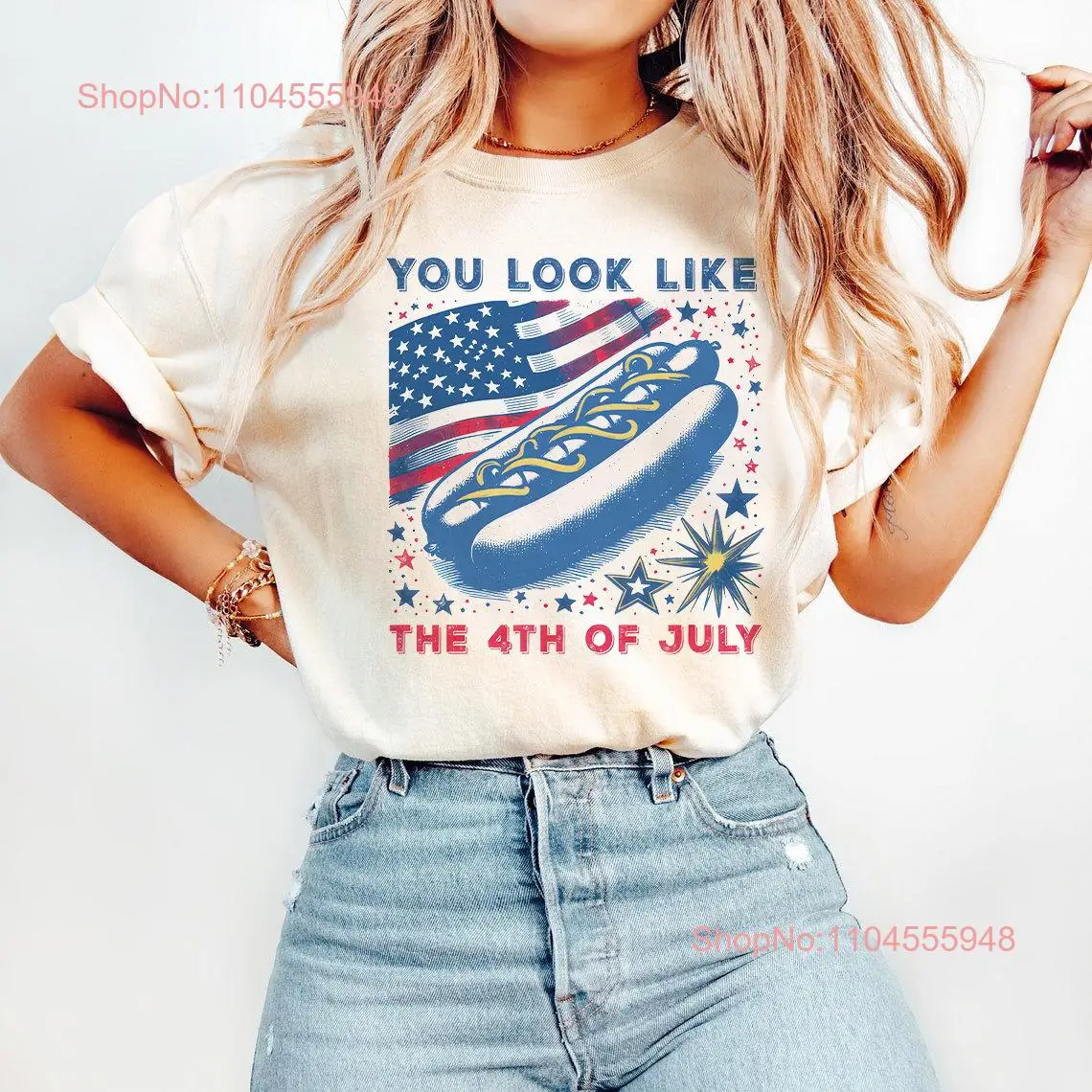 

Retro You Look Like The 4th Of July T Shirt Vintage America 1776 USA Funny Hot Dog long or short sleeves