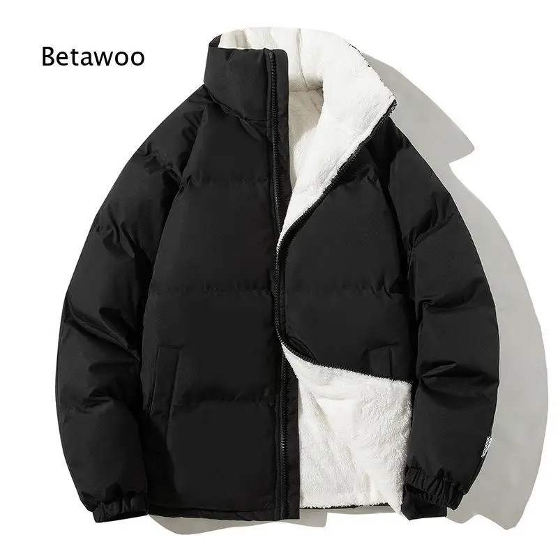 Men Stand Collar Reversible Puffer Jacket Fleece Lined Warm Zip Up Loose Fit Winter Outerwear for Daily Casual Outdoor Use