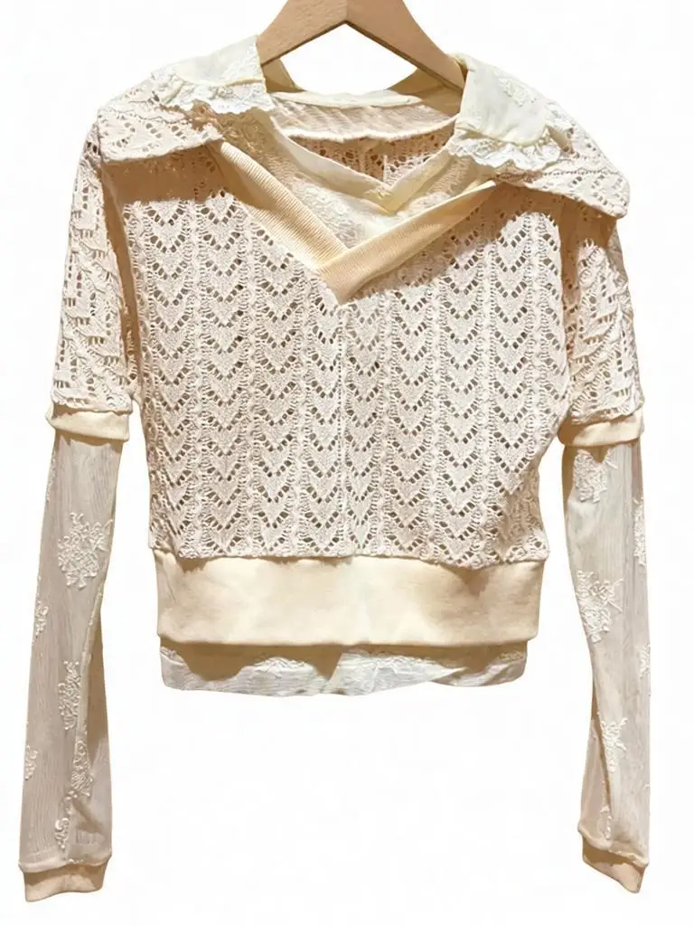 Leisure Female Solid Color Turn-Down Collar Long Sleeves Vest Versatile Ladies Hollowed-Out Embroidery Knitted Outerwear