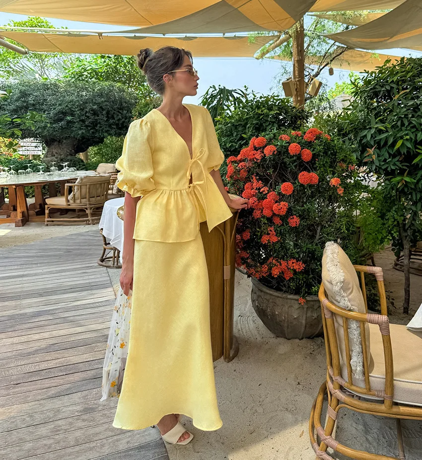 

Sexy V Neck Two Piece Set Women Solid Yellow Linen Top And Long Skirt Matching Sets Casual Loose Holiday Outfits Female Vestidos