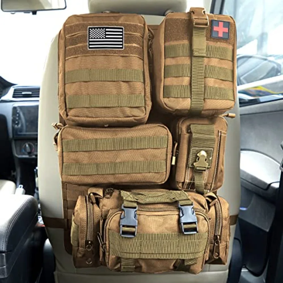 

Universal Tactical Car Seat Back Organizer Bag with 5 Detachable Pouches for Car Truck Ford Jeep in Khaki Molle Panel Vehicle P