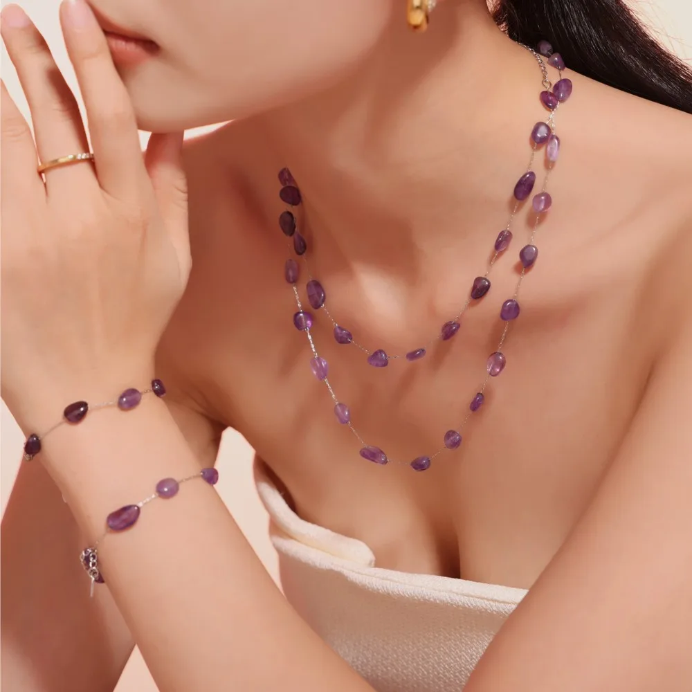 Women's Irregular Purple Natural Stone Necklace Bracelet Set