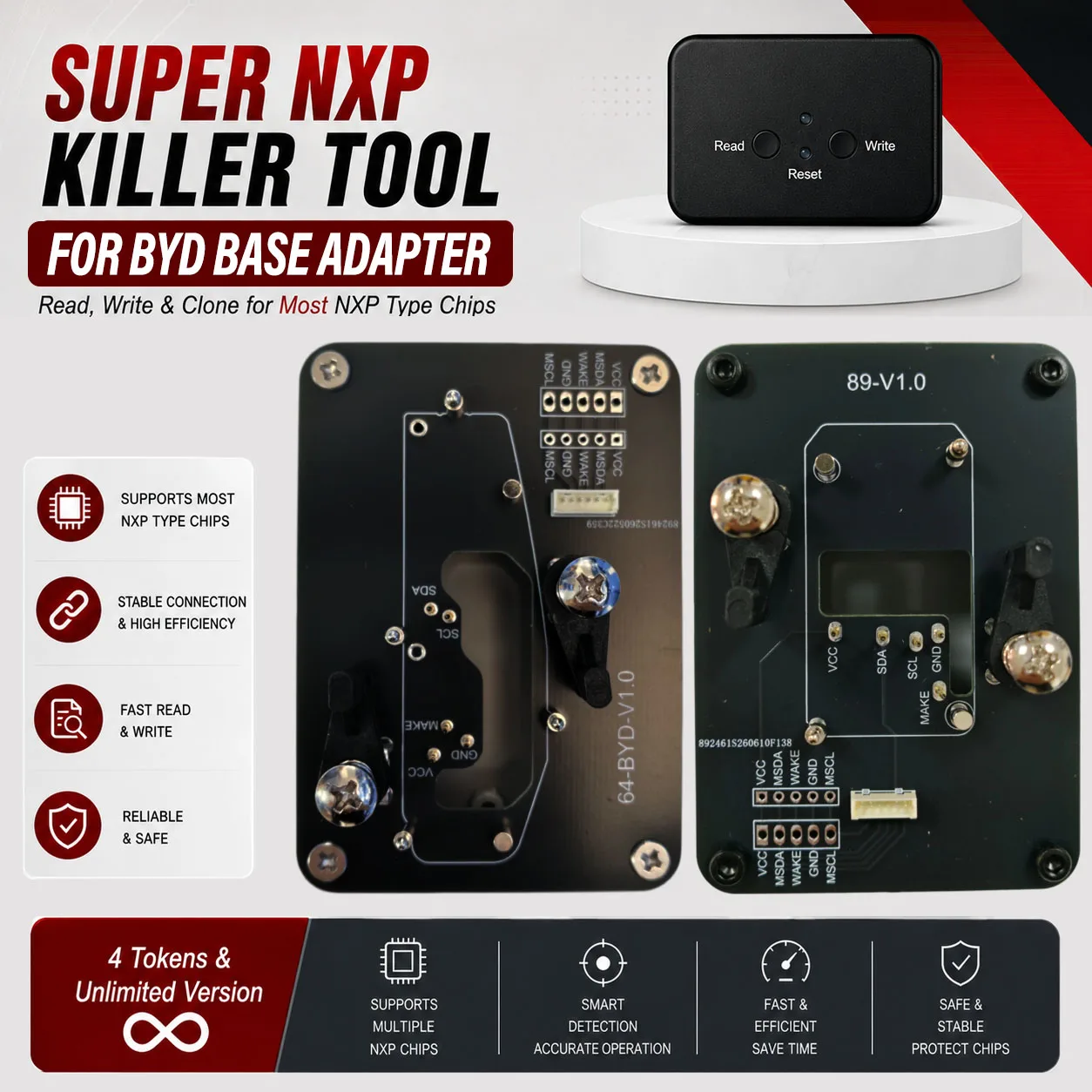 For BYD Key All NXP Smart Keys Clones 4 Tokens &  Unlimited Version Super NXP Killer Read Copy Device With Adapter Base