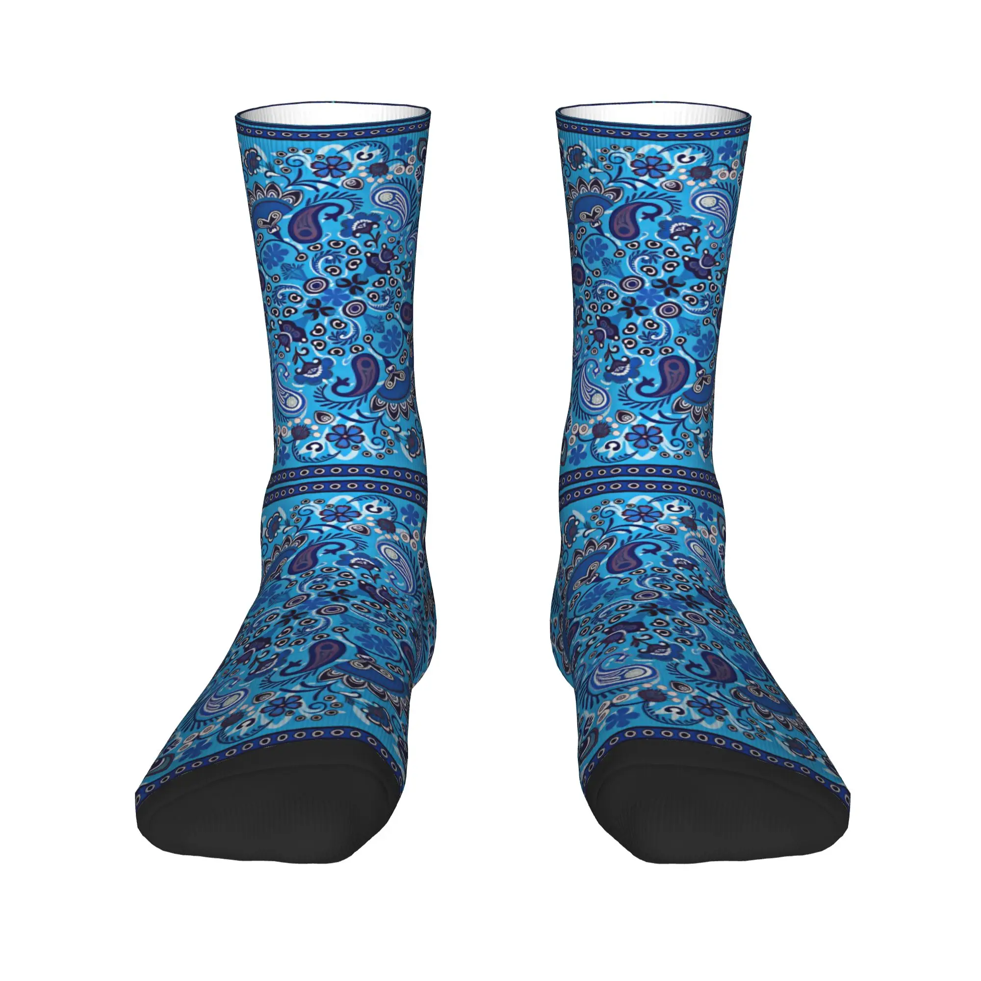 Light Blue Bohemian Paisley Floral Socks  Printed Stockings Anti-Slip Unisex Men Socks Quality Winter Fashion Outdoor Socks