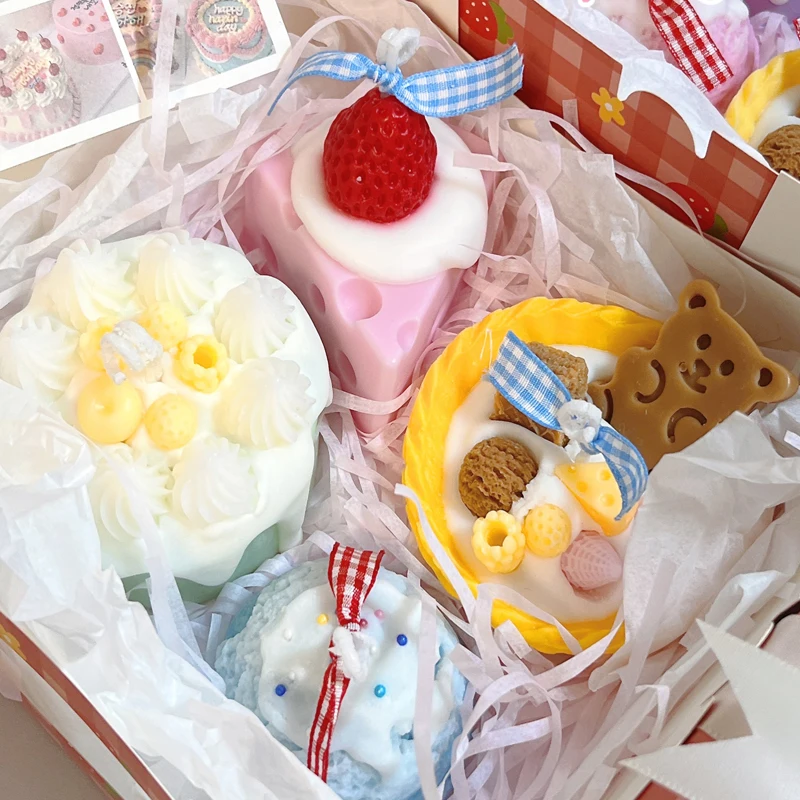 

Mini Fruit Cake Scented Candles Set Birthday Holiday Gift Cute Ice Cream Ball Cheese Tart Home Bedroom Aromatherapy Ornament