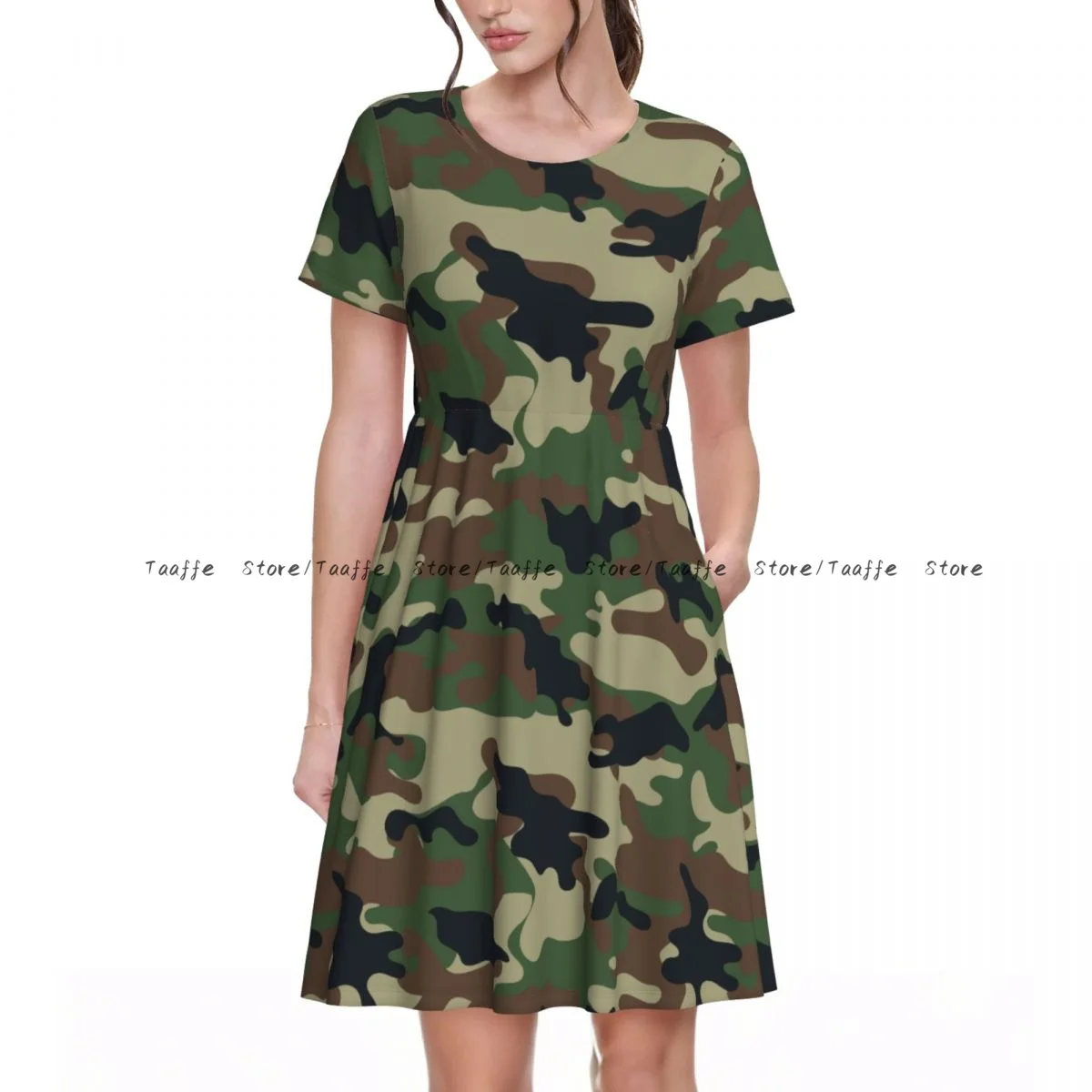 Women Casual Elegant Dress Camouflage Pattern Short Sleeves Loose Dresses Weekend Holiday