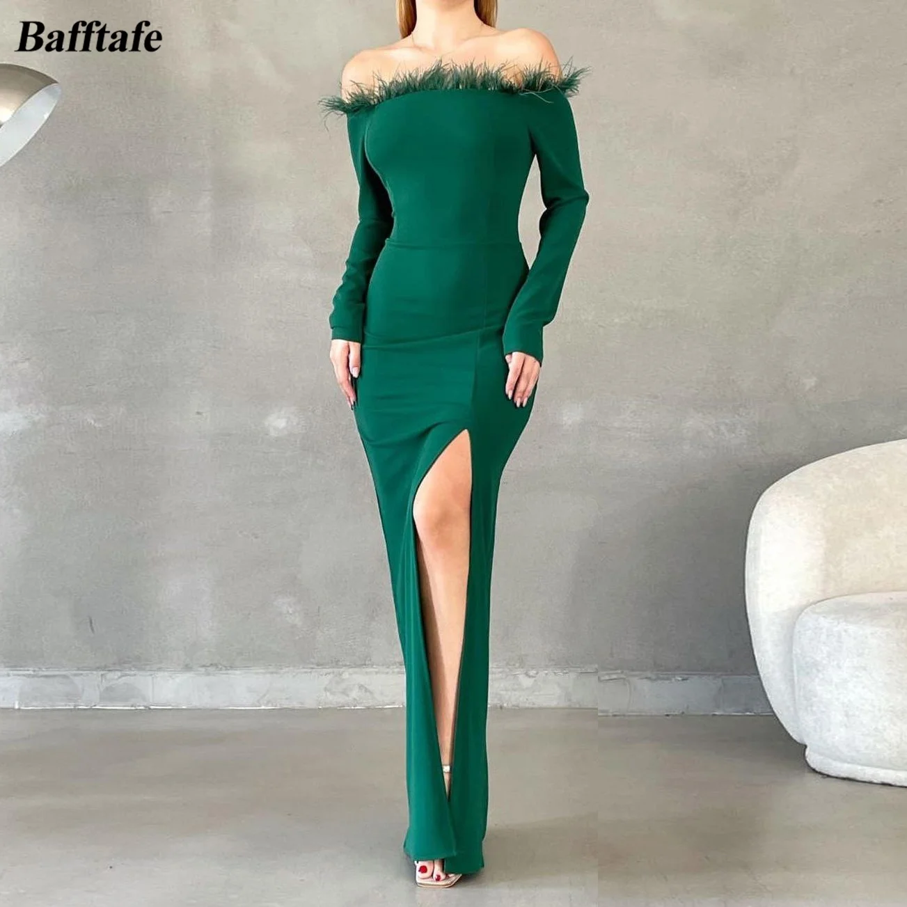 

Bafftafe Green Sheath Evening Dresses Feathers Long Sleeves Women Celebrity Dress For Award Party Slit Side Special Prom Gowns