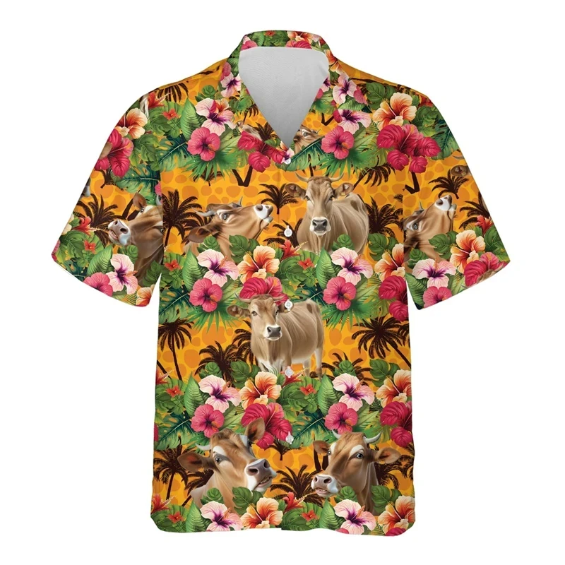 Brownswiss Cow 3D Print Men's Shirts Clothes Hawaiian Animal Cattle Graphic Beach Shirt Funny Swiss Cow Head Blouses Boy Tops