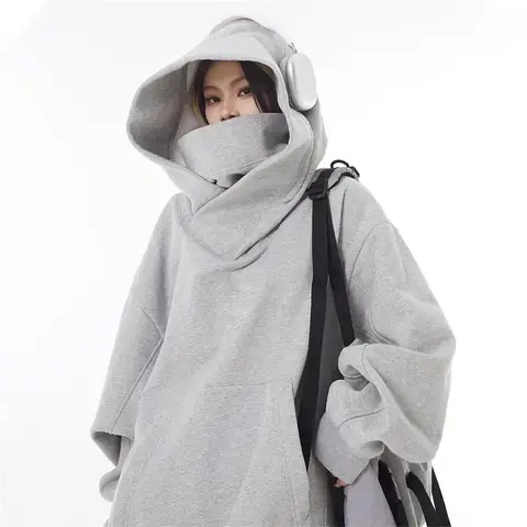 남성용 가을 솔리드 컬러 닌자 터틀넥 후드 Y2K 빈티지 양털 스웨터 힙합 일본 streetwear Oversize Hood