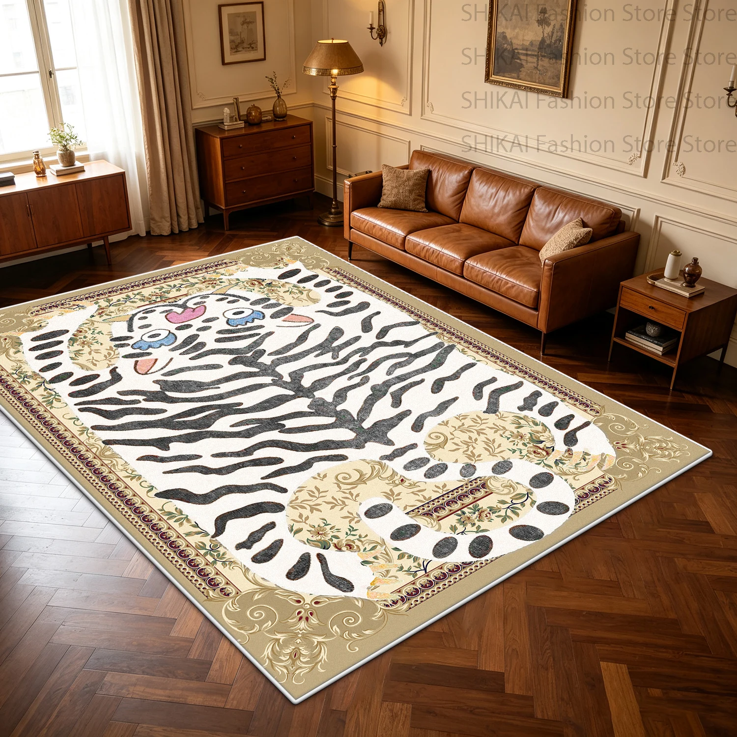 Retro Cartoon Tiger Print Room Carpet Short Velvet Easy Clean Gaming Room Rug Non‑Slip Floor Mat Living Room Home Decoration