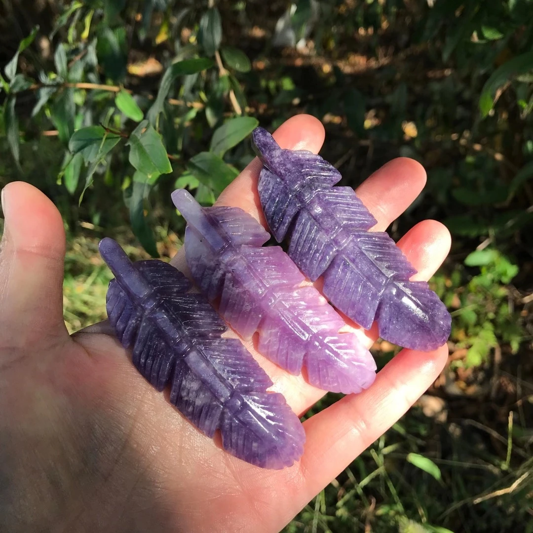 3pcs 8cm Natural purple mica、 ocean jasper Stone Feathers Crystal Carved Feathers Home Decoration Reiki Healing Gifts