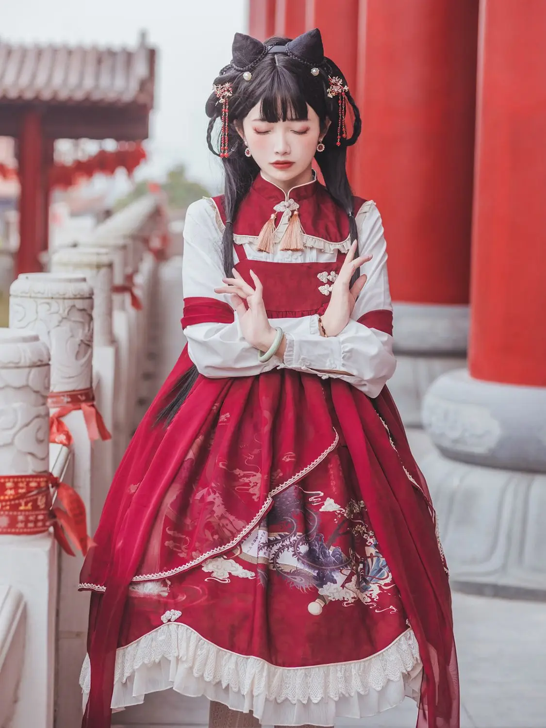 Red Chinese Style Lolita New Year Costume Autumn And Winter Improved Hanfu Qipao Style Dress Hanfu