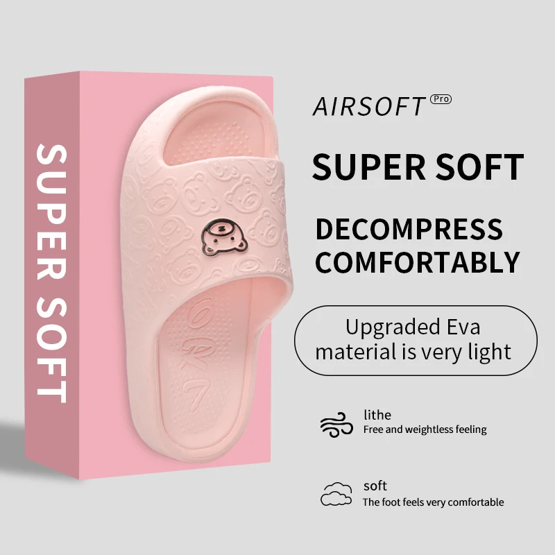 Men Cute Bear Embossed House Slippers Super Soft Light EVA Non Slip Open Toe Indoor Bathroom Slides