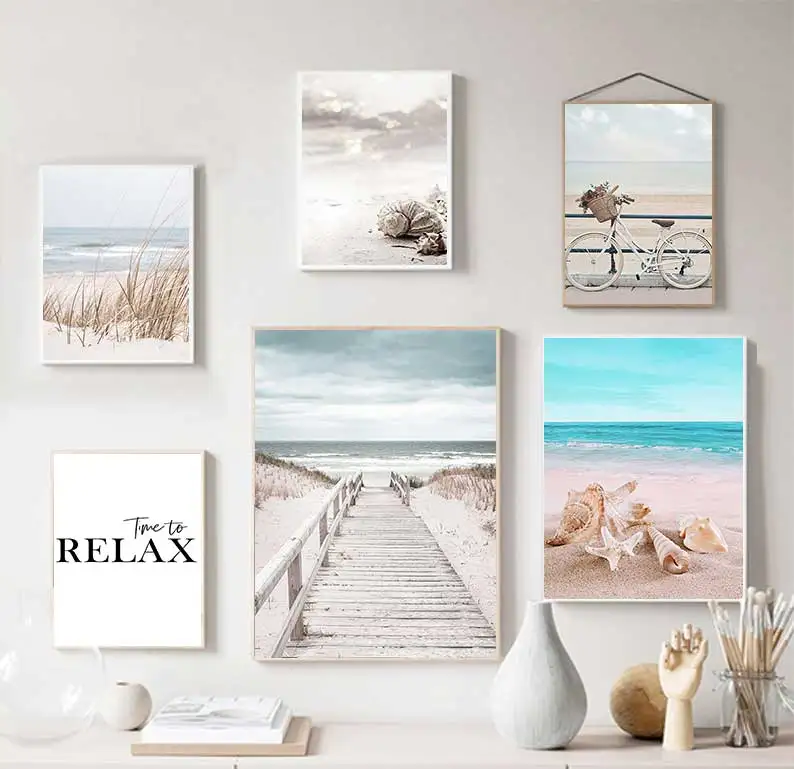 1pc Canvas Painting frameless Beach Sea Ocean Canvas Wall Art Poster Bridge Leaves Turtle Seagull Print Painting Vibrant Summer