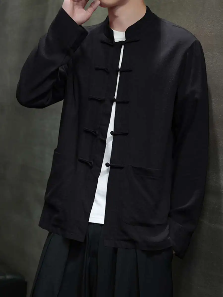 

Loose Fit Long Sve Men's Clothing Stand Collar Button up Chinese Sle Outerwear Jaet Large Size Casual Cotton Coat