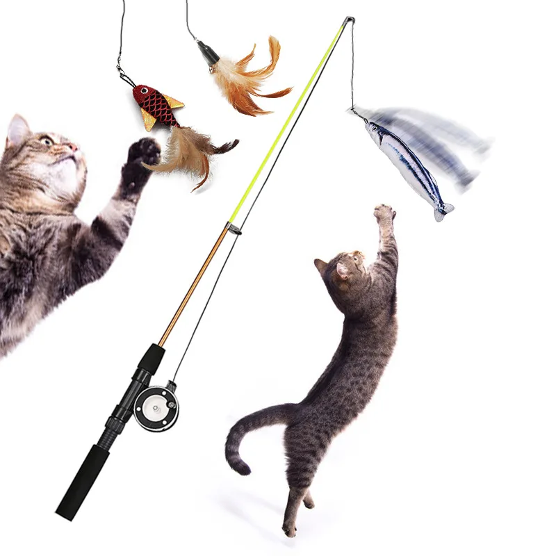 Interactive Cat Teaser Wand With Retractable Line - Durable Resin Fishing Rod Design cat toy