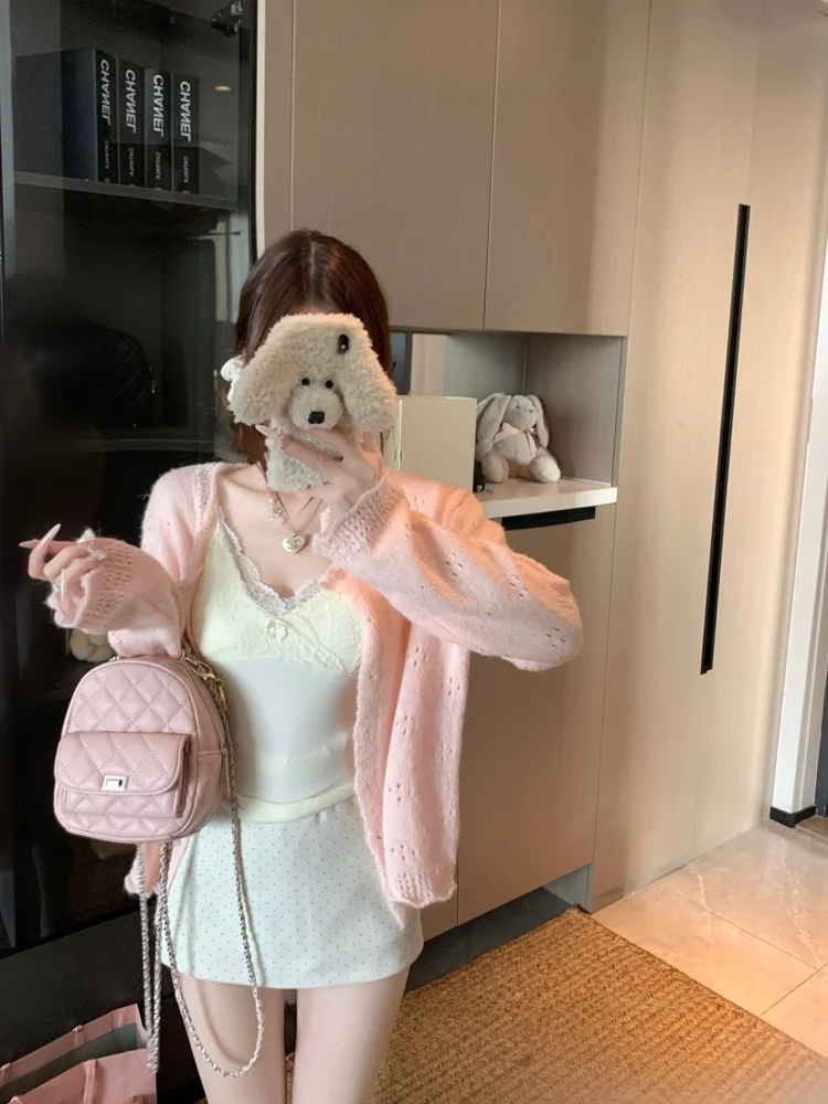 

Sweet Style Pink Knitted Long Sleeve Open Cardigan Women's Loose Chic Top Hollow out Design Spring Fashion Ladies' Knittedwear