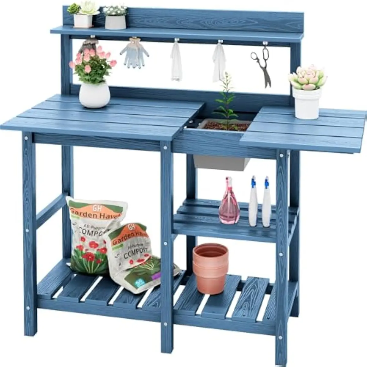 Outdoor Potting Bench with Removable Sink and Storage Shelves, HDPE Waterproof Gardening Work Table with Tool Hooks for Patio Backyard