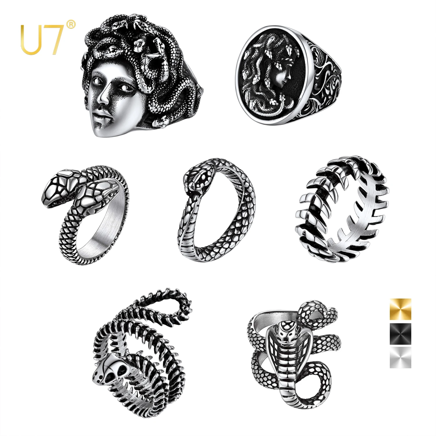 U7 Snake Rings for Man Woman 316L Stainless Steel Medusa Ouroboros Serpent Snake Bones Size 7-14 Gothic Ring Jewelry Gift Choice