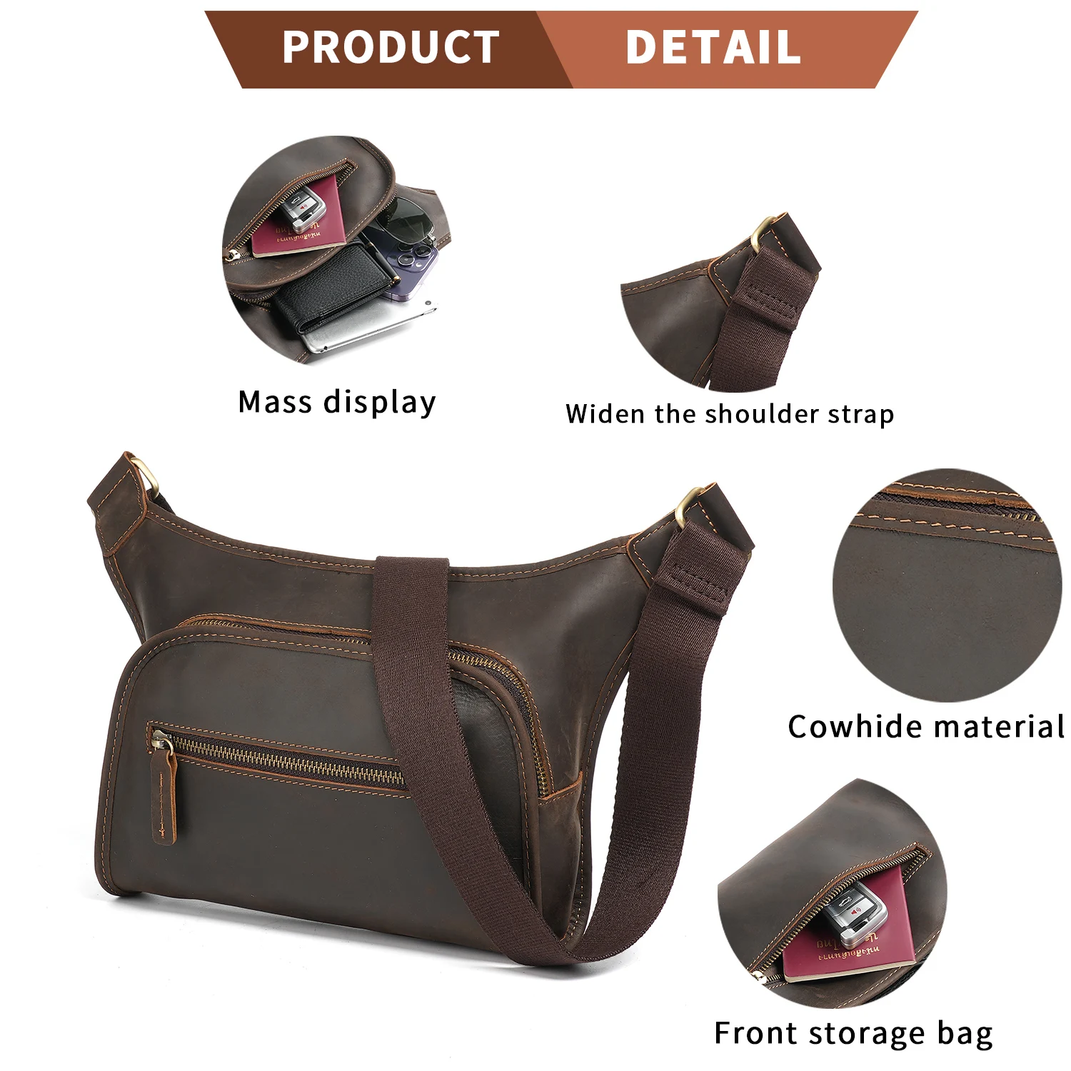 

YATBEST Men's Crossbody Bag Multi Functional Large Capacity Suitable For Business Travel Leather Bull Horn Shoulder Bag