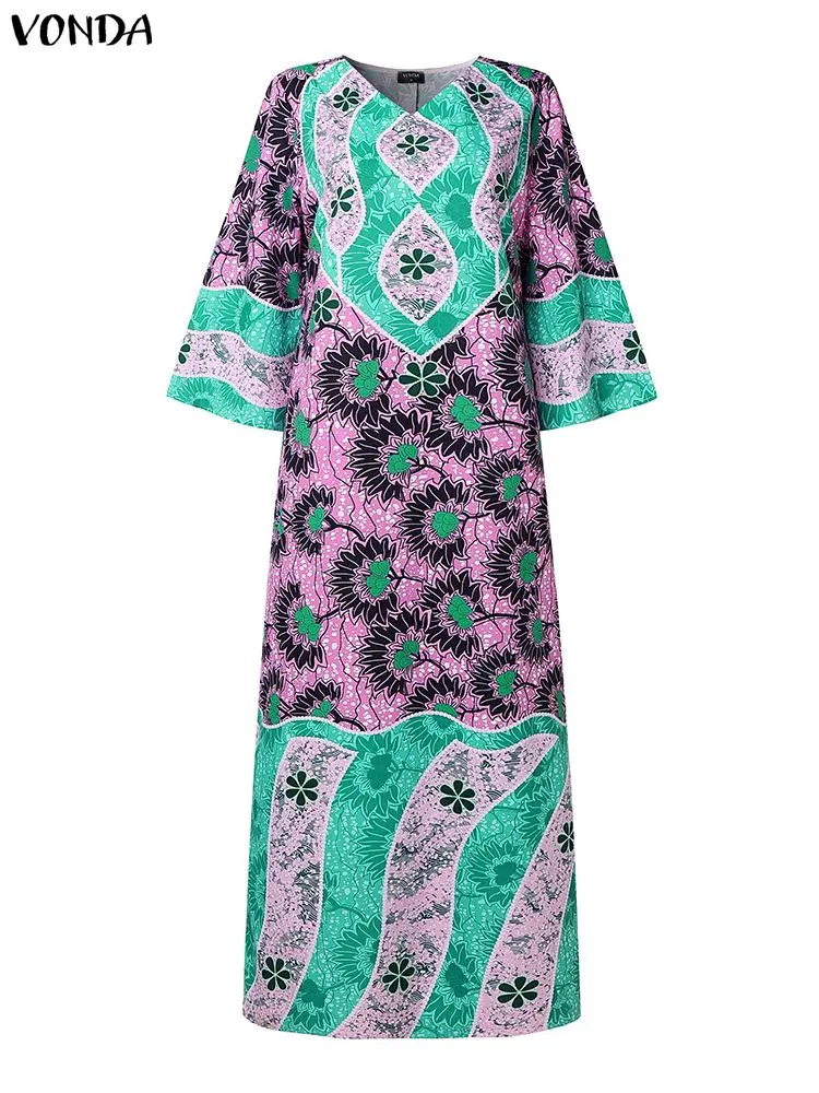 VONDA, Vestidos largos con estampado Vintage para mujer, Vestidos largos bohemios informales de manga larga con cuello en V, bata de fiesta a la moda de talla grande 5XL