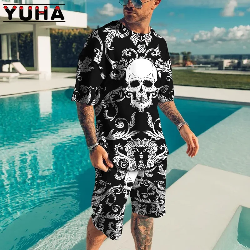 Men's T-shirt and Shorts Set, Casual Sportswear with Scary 3D Skeleton Print, 2-piece Suit, Summer