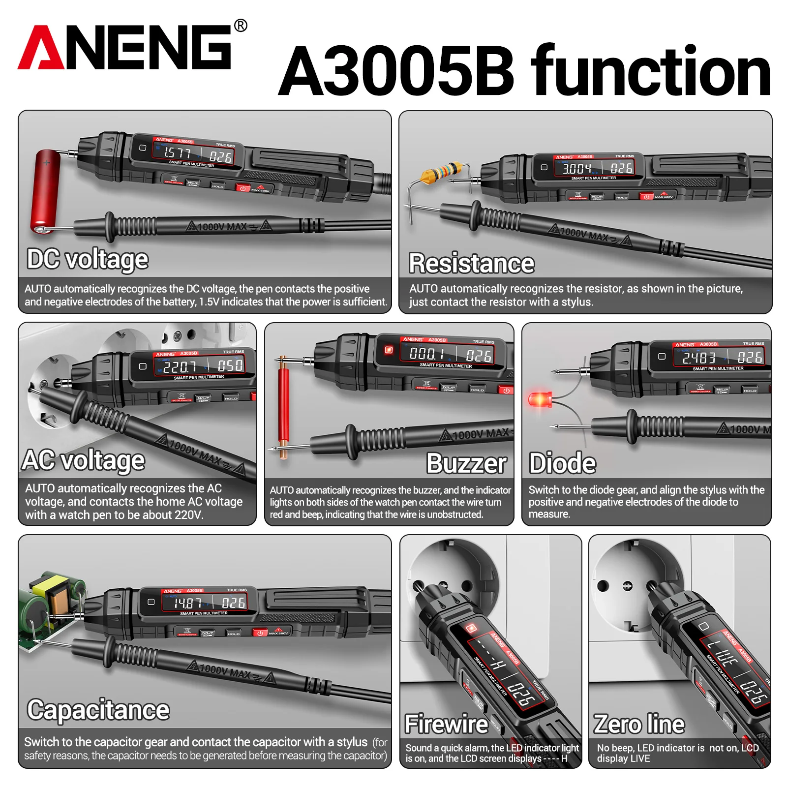 ANENG A3005A/B Digital Intelligent Multimeter Sensor Phase Sequence Tester AC Voltage Meter Non-Contact Voltmeter Electric Tool