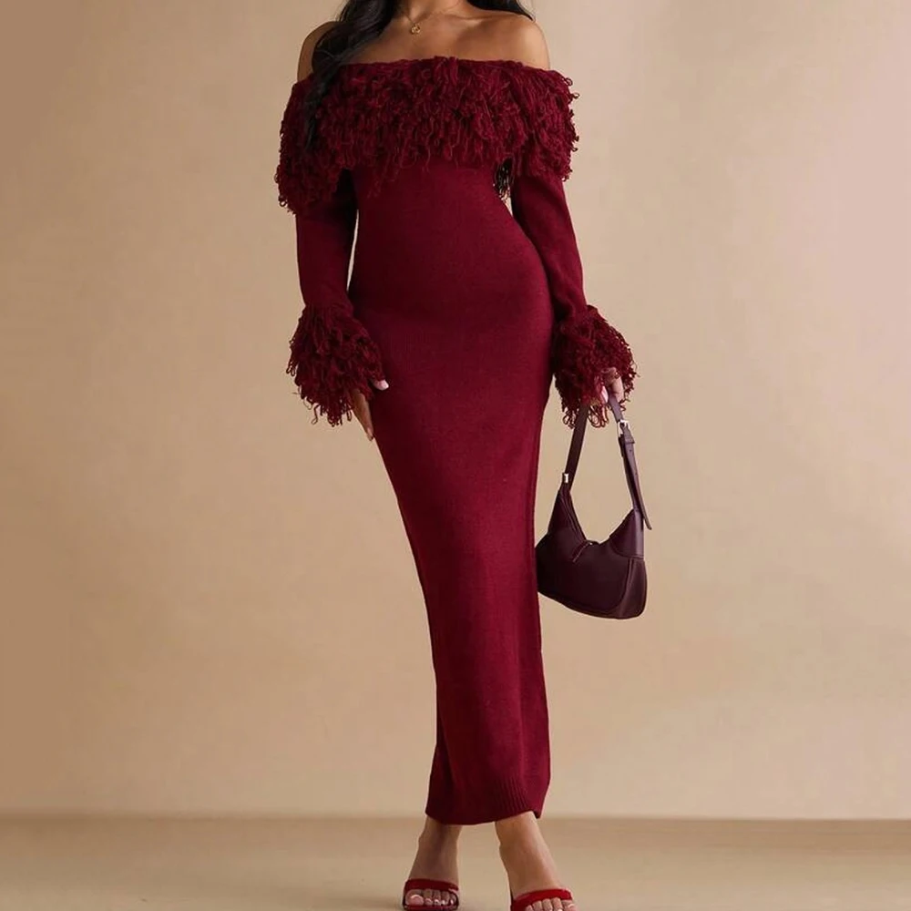 맞춤형 스트레이트 이브닝 드레스 티 길이 오프숄더 긴 소매 프롬 가운 심플 패션 백리스 캐주얼 파티 가운