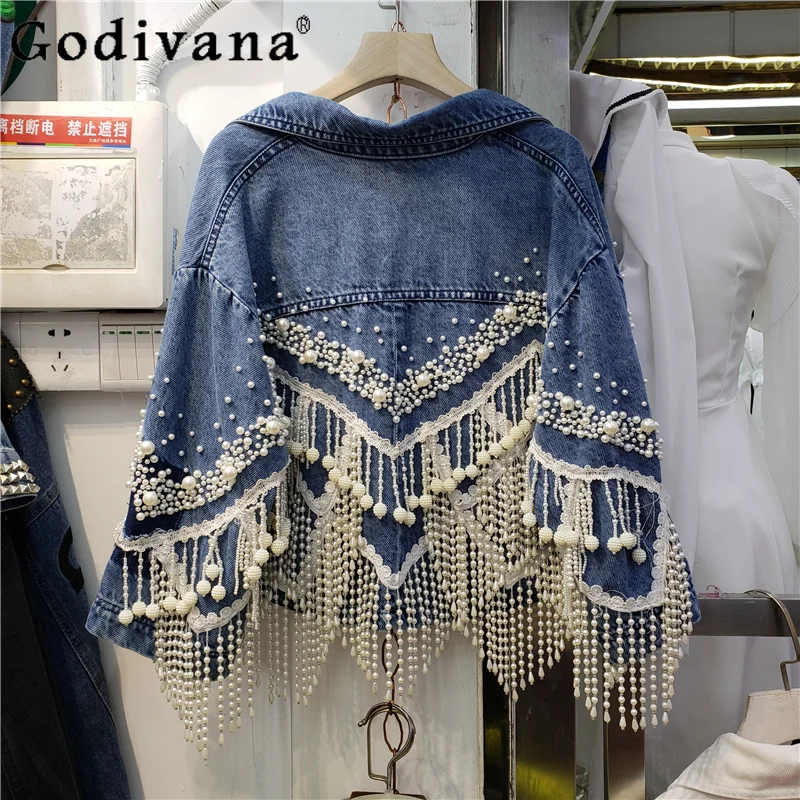

Korean Spring Autumn Heavy Industry Tassel Beaded Denim Jacket Girl Seven-quarter Sleeve Versatile Blue Personalized Loose Top