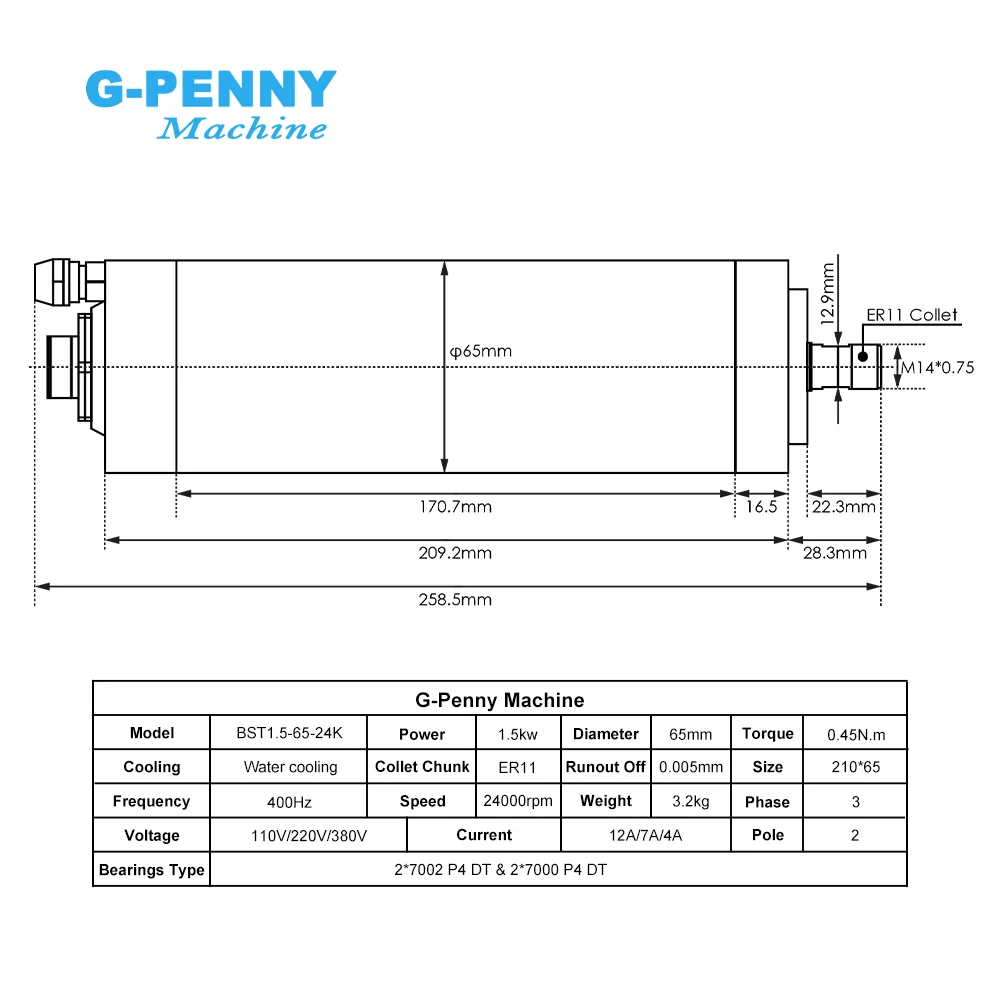 G-Penny 1.5KW ER11 Water Cooled Spindle Motor 65mm 400Hz 24000RPM 4 Bearings CNC Router Spindle for Wood Metal Aluminum Milling
