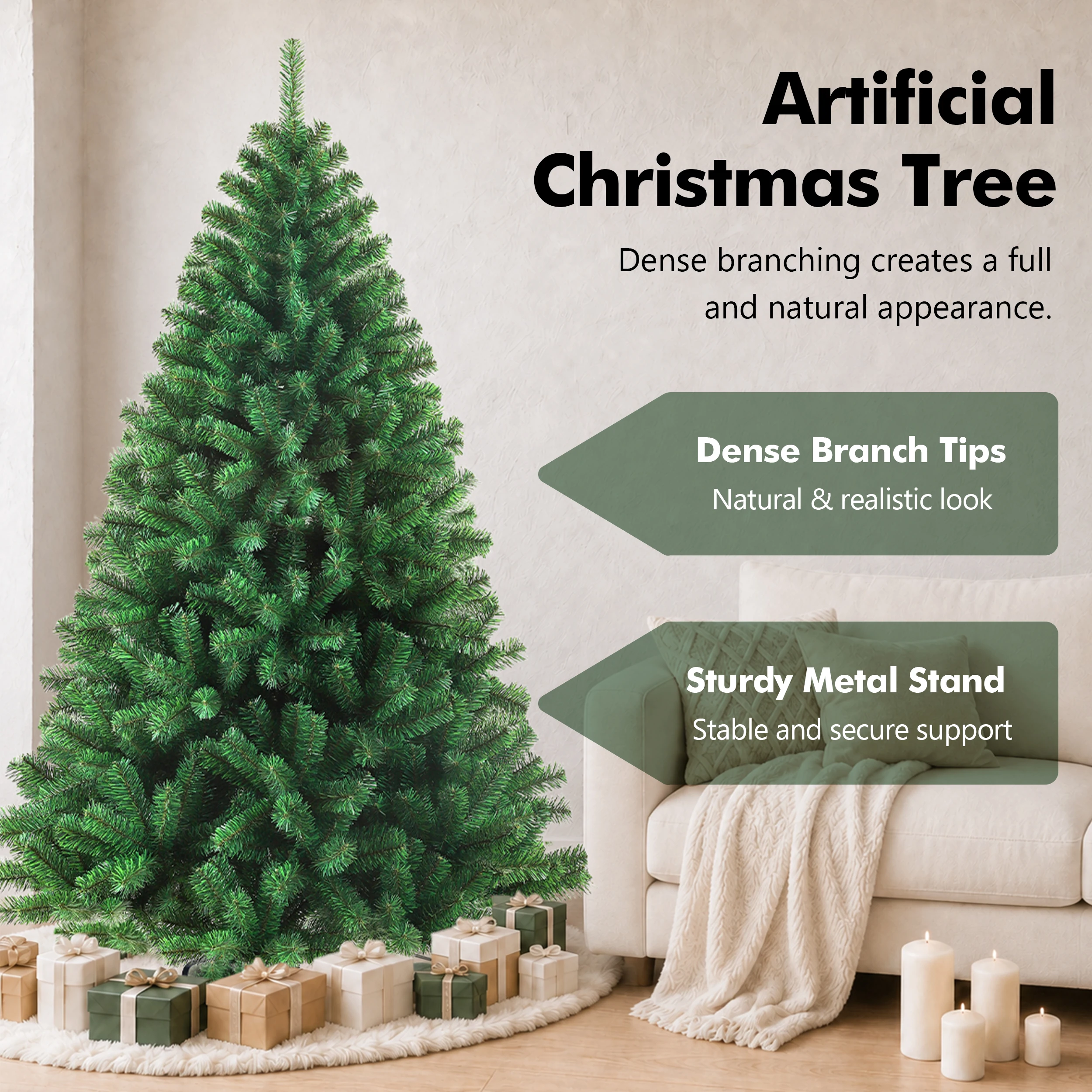 180/210 cm PVC-Weihnachtsbaum mit dichten, realistischen grünen Zweigen, vollständig formbar und mit stabilem Metallständer, wiederverwendbare Weihnachtsdekoration für Zuhause, Büro, Schule, Partys, Weihnachts- und Winterfestdekoration im Innenbereich – Detail 3