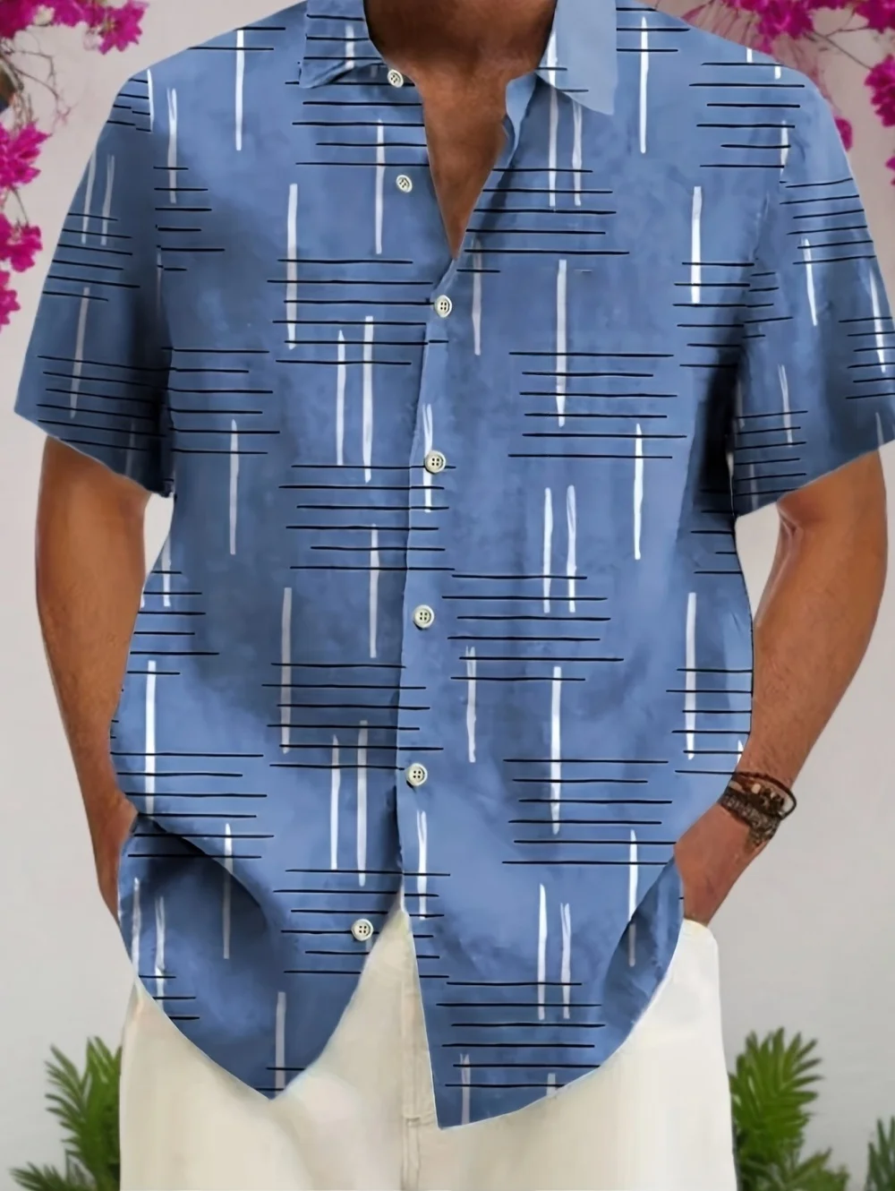 Summer men's fashionable short sleeved shirt with minimalist lines, 3D printed outdoor casual plus size men's top