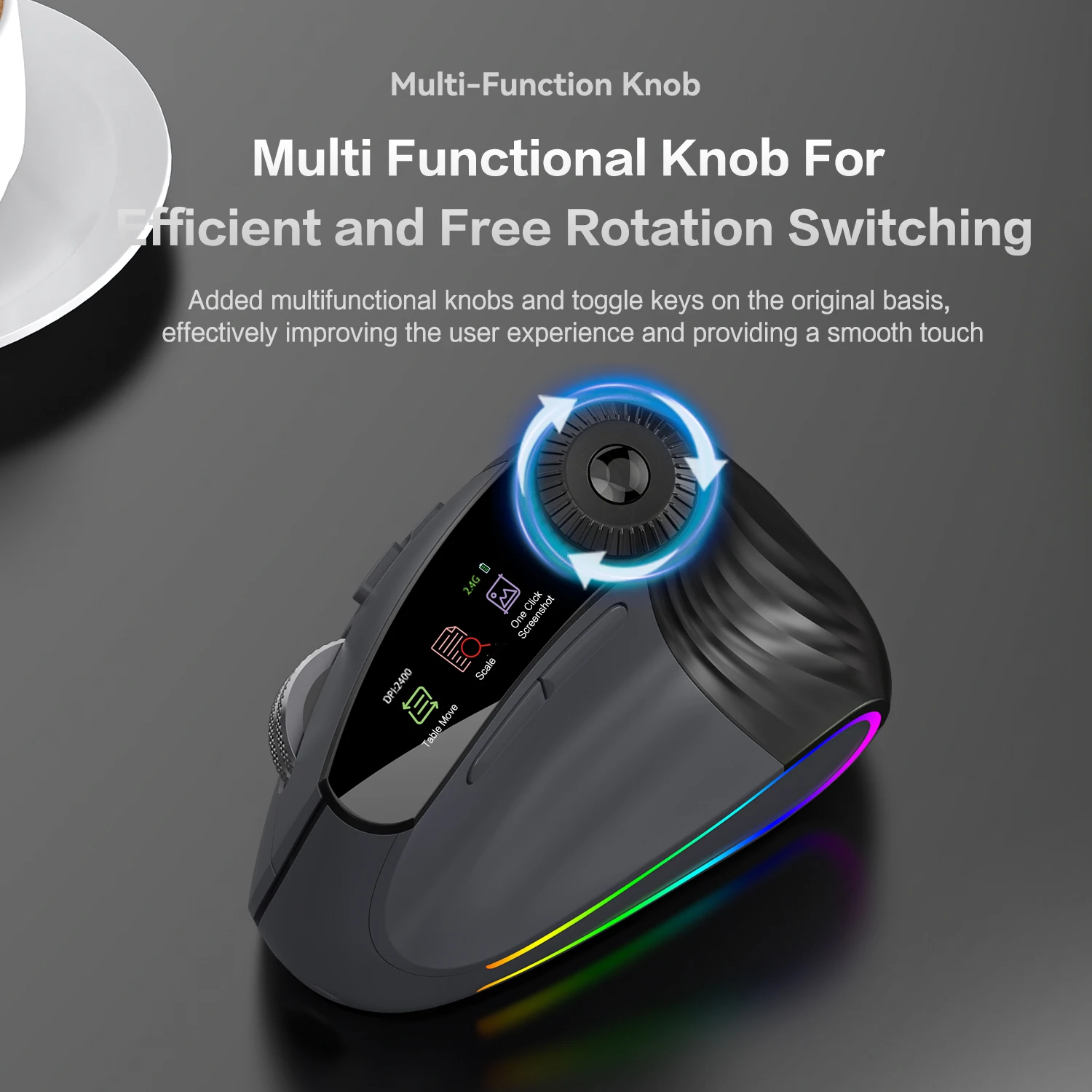 Vertical Bluetooth Mouse with Function Adjustment Knob,LED Screen,RGB Backlit Speed Roller Wireless Gaming Mouse