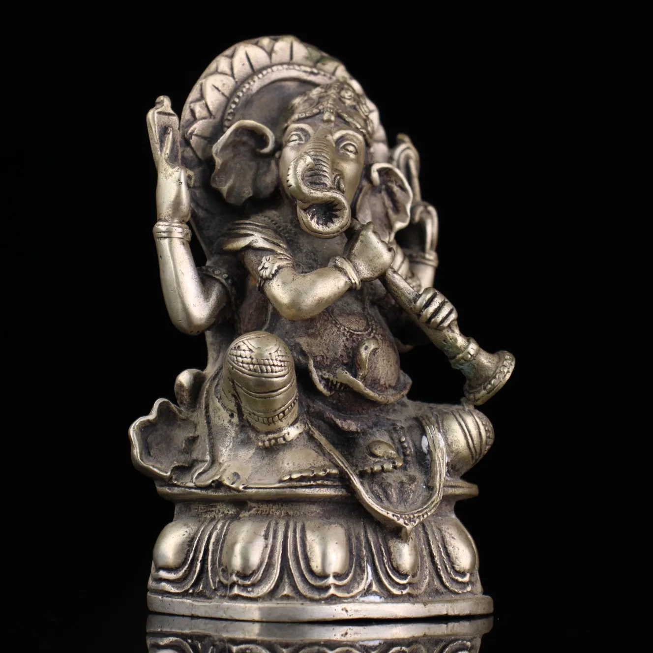 Tibet Sliver Buddhism Fane Brass 4 Arms Elephant God Jambhala Ganesha Buddha Statue