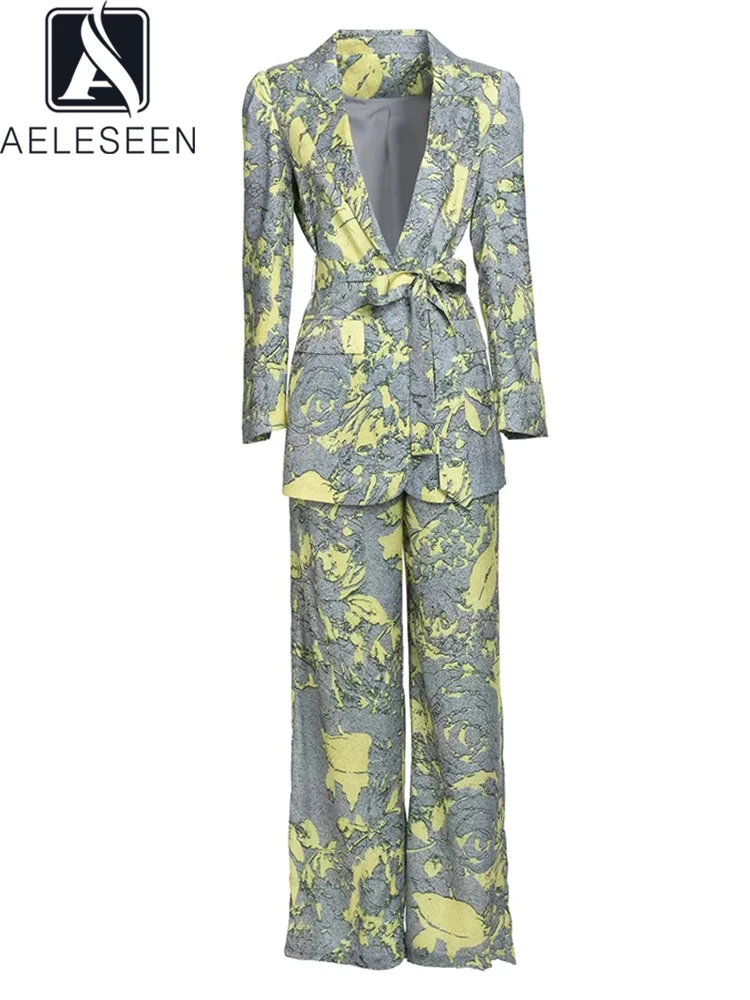 

AELESEEN Runway Fashion Pants Suit Women Long Sleeve With Belt Blazer Coat + Ankle-Length Yellow Flower Print Twon Pieces Set