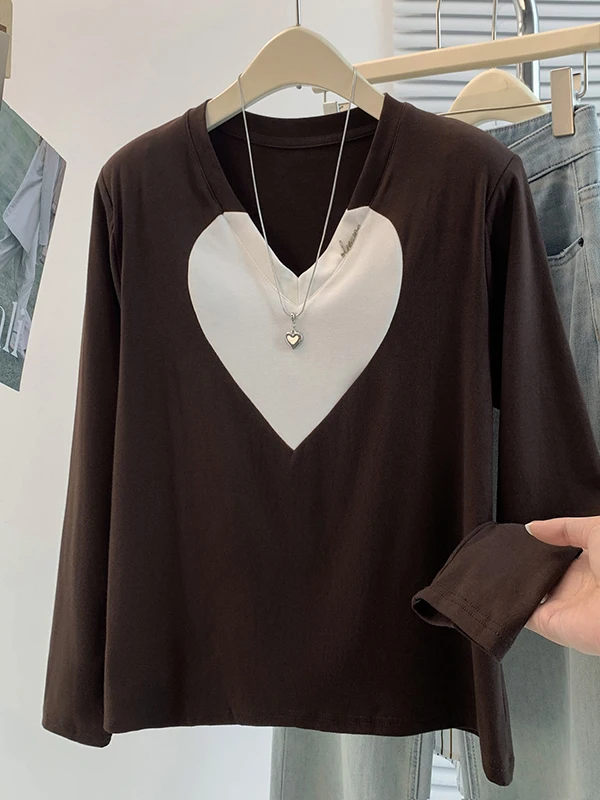 Long Sleeve T-Shirt Women's Autumn New Style Patchwork Design Love Heart Match All High-End Feeling Ladies Fashion Cotton Linen