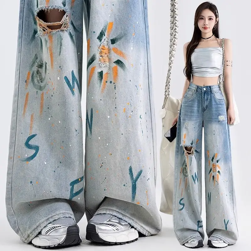 

Printed Graffiti Bleached Hole Denim Pants Women Loose Ripped Jeans Wide Leg Pants Girls Chic High Street Floor Length Trousers