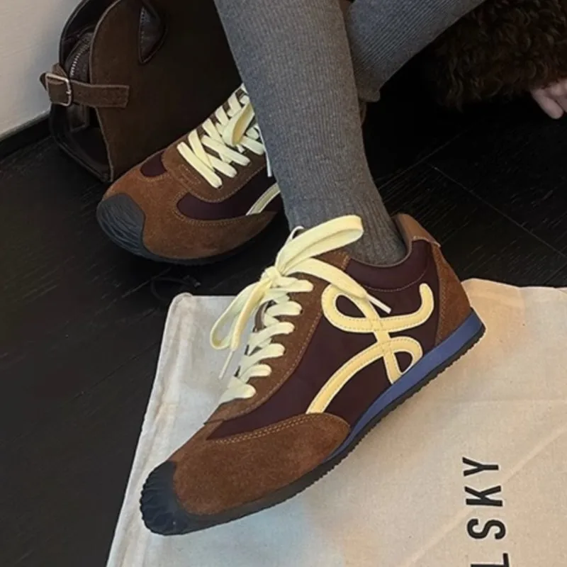 

2025 Summer Retro Soft Leather Mango Toe Lace-Up Sneakers Women's Casual Color Block Platform Training Shoes Trendy Everyday