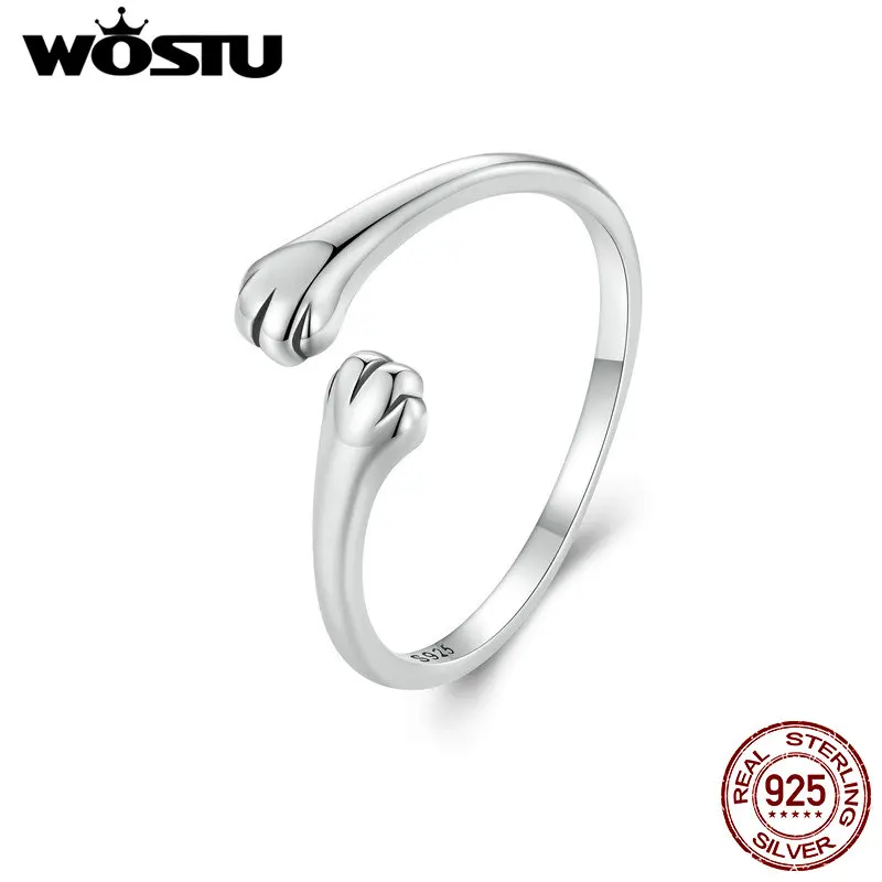 

WOSTU 925 Sterling Silver Cat Embrace Adjustable Opening Rings Simple Silvery Ring For Women Fine Jewelry Party Birthday Gift