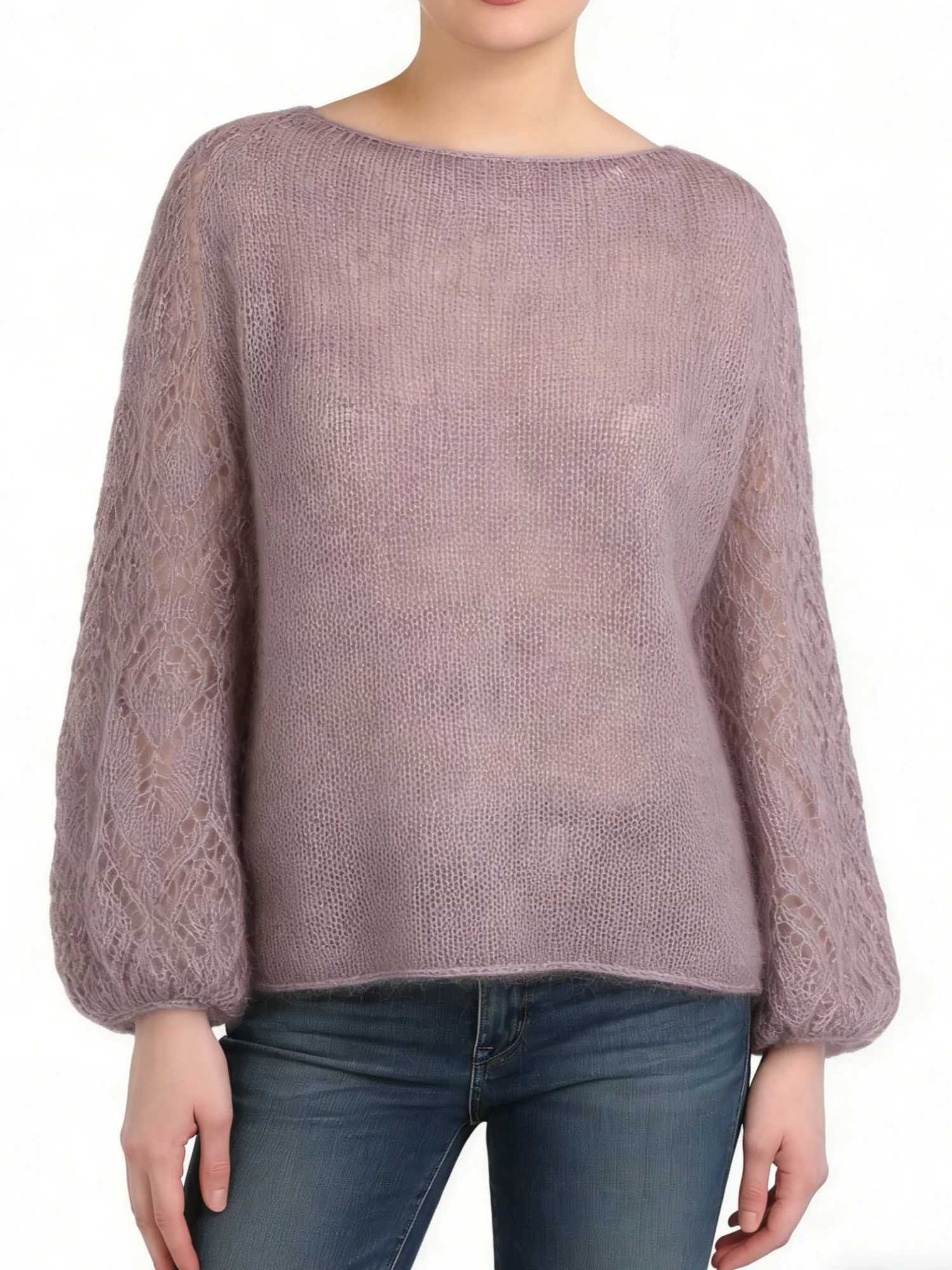 

Женский лавандовый нежный и элегантный вязаный пуловер с круглым вырезом и длинными рукавами, весенне-летний стиль.