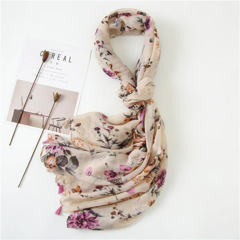 Fashion Printing Flower Tassel Shawl Cotton Viscose Scarf Women Beach Sunscreen Shawl Muslim Hijab Wrap Headscarf 180*90cm